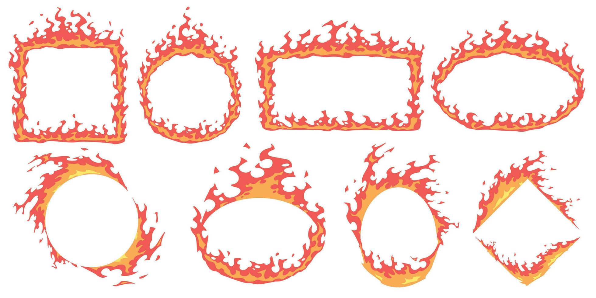 cartone animato fuoco cornici. caldo striscione, rosso fiamma telaio e fuoco fiamme distintivo modello vettore impostare. vuoto ardente frontiere con copyspace. sfolgorante diverso geometrico forme isolato su bianca sfondo