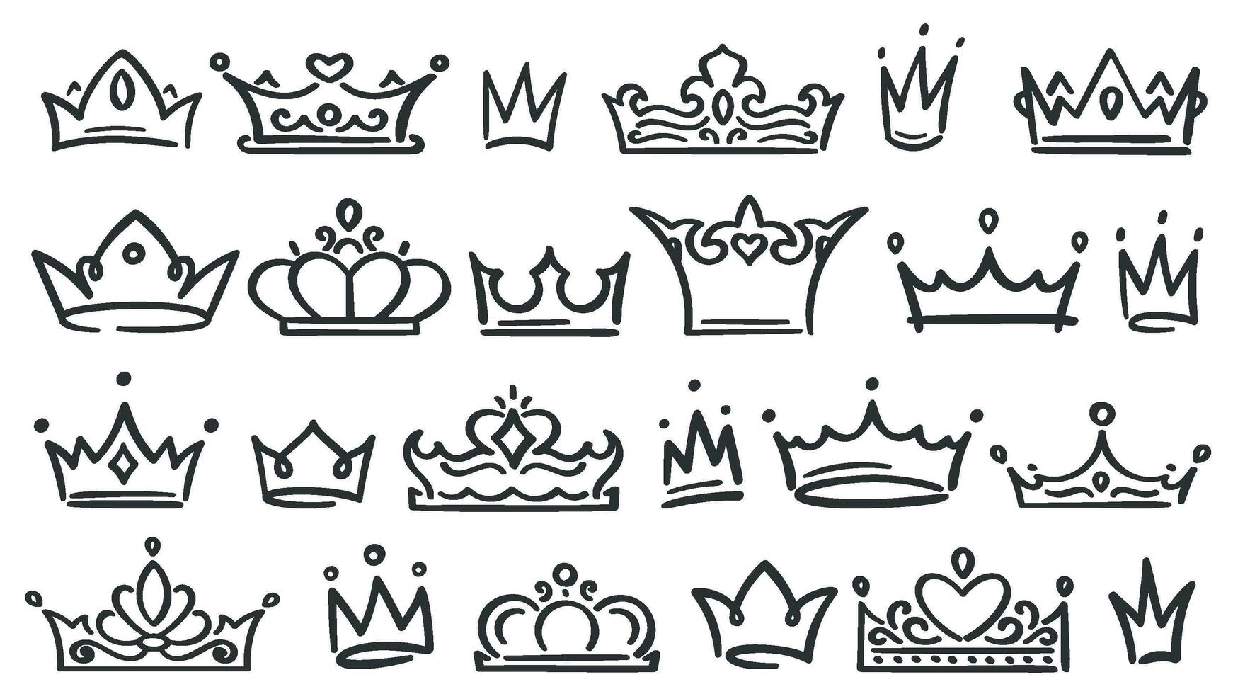 mano disegnato corona. lusso corone schizzo, Regina o re incoronazione scarabocchio e maestoso Principessa tiara isolato vettore illustrazione impostato