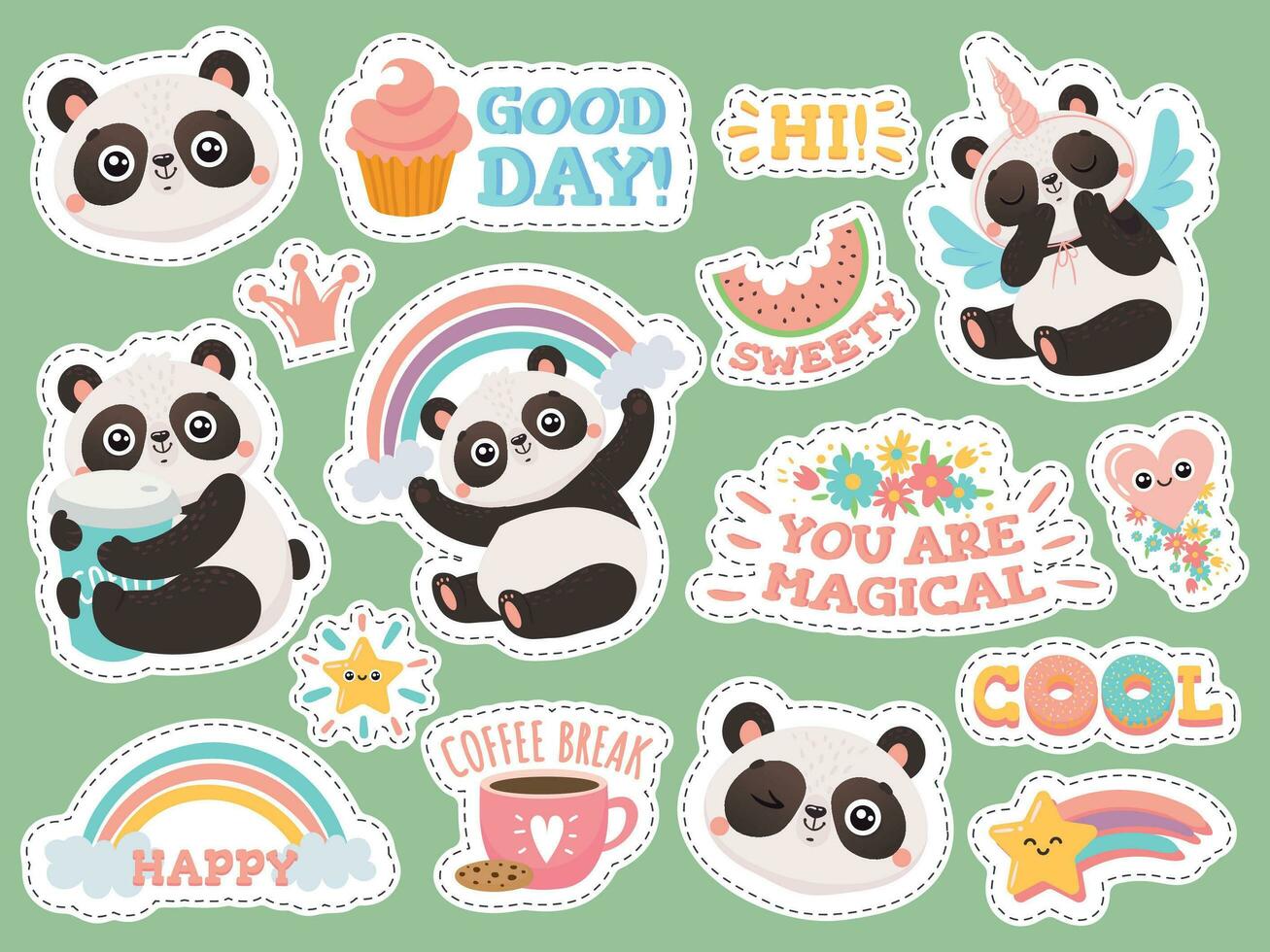 carino panda adesivi. contento panda cerotti, freddo animali e strizzò l'occhio panda etichetta vettore illustrazione impostato