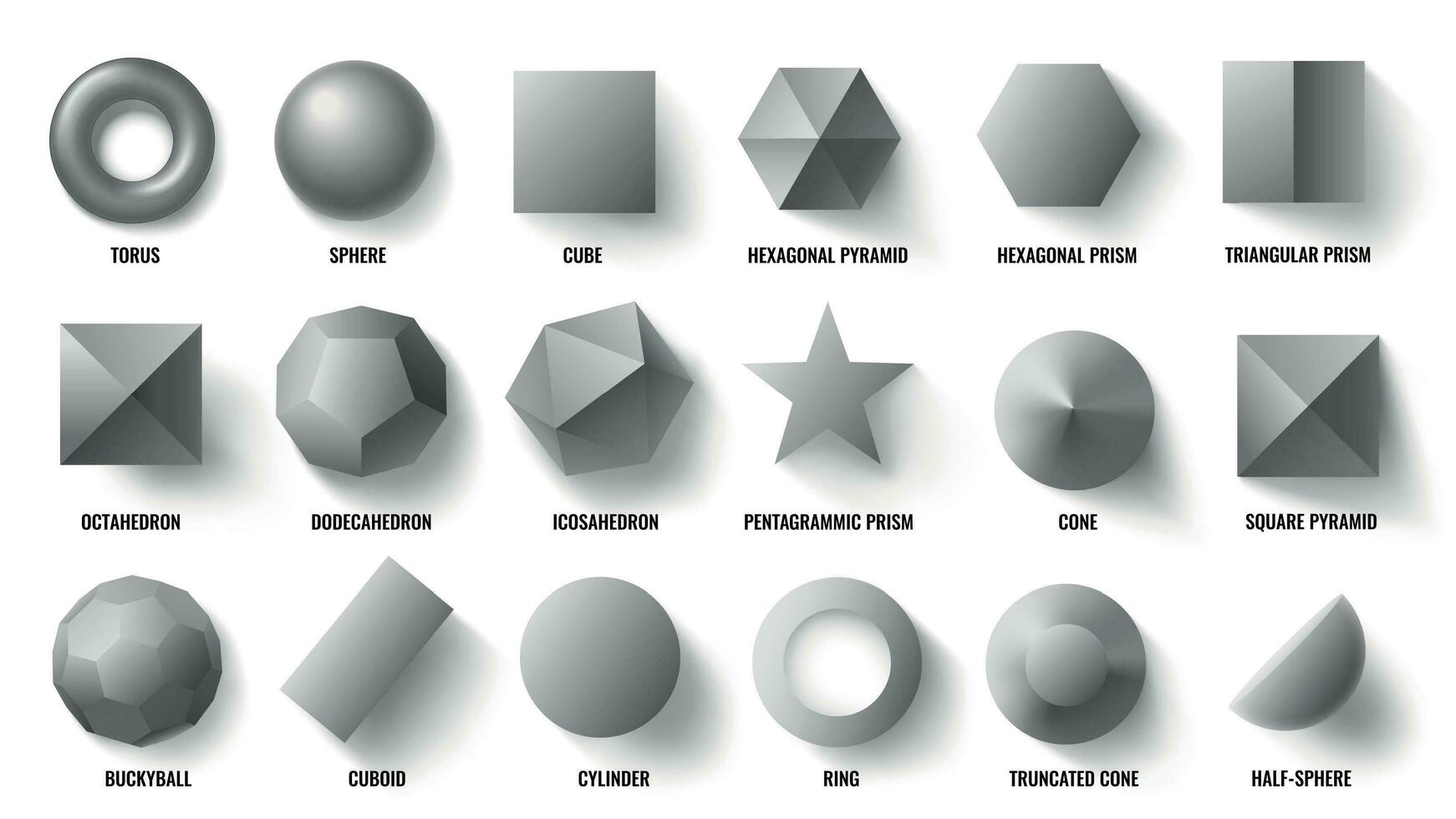 di base 3d forme superiore Visualizza. realistico piramide forma, geometrico poligono figure e esagono simbolo concetto vettore illustrazione impostato