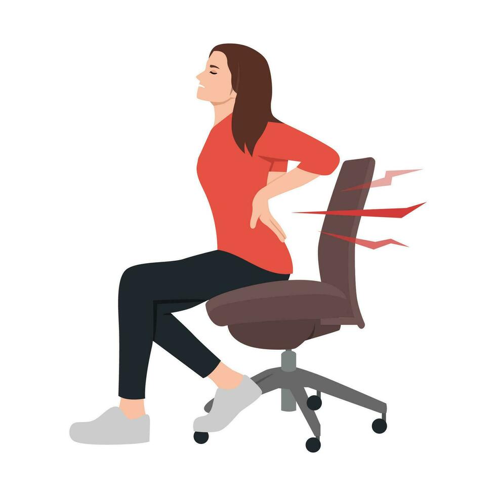 frustrato donna sofferenza a partire dal indietro dolore, massaggio lombi, seduta su scomodo ufficio sedia a posto di lavoro vettore