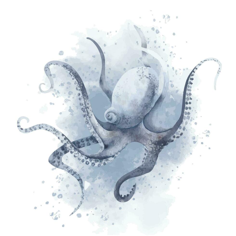 acquerello polpo con acquerello acqua schizzi. mano disegnato illustrazione su bianca isolato sfondo di selvaggio sottomarino animale con tentacoli. colorato disegno di marino o oceano subacqueo vita vettore