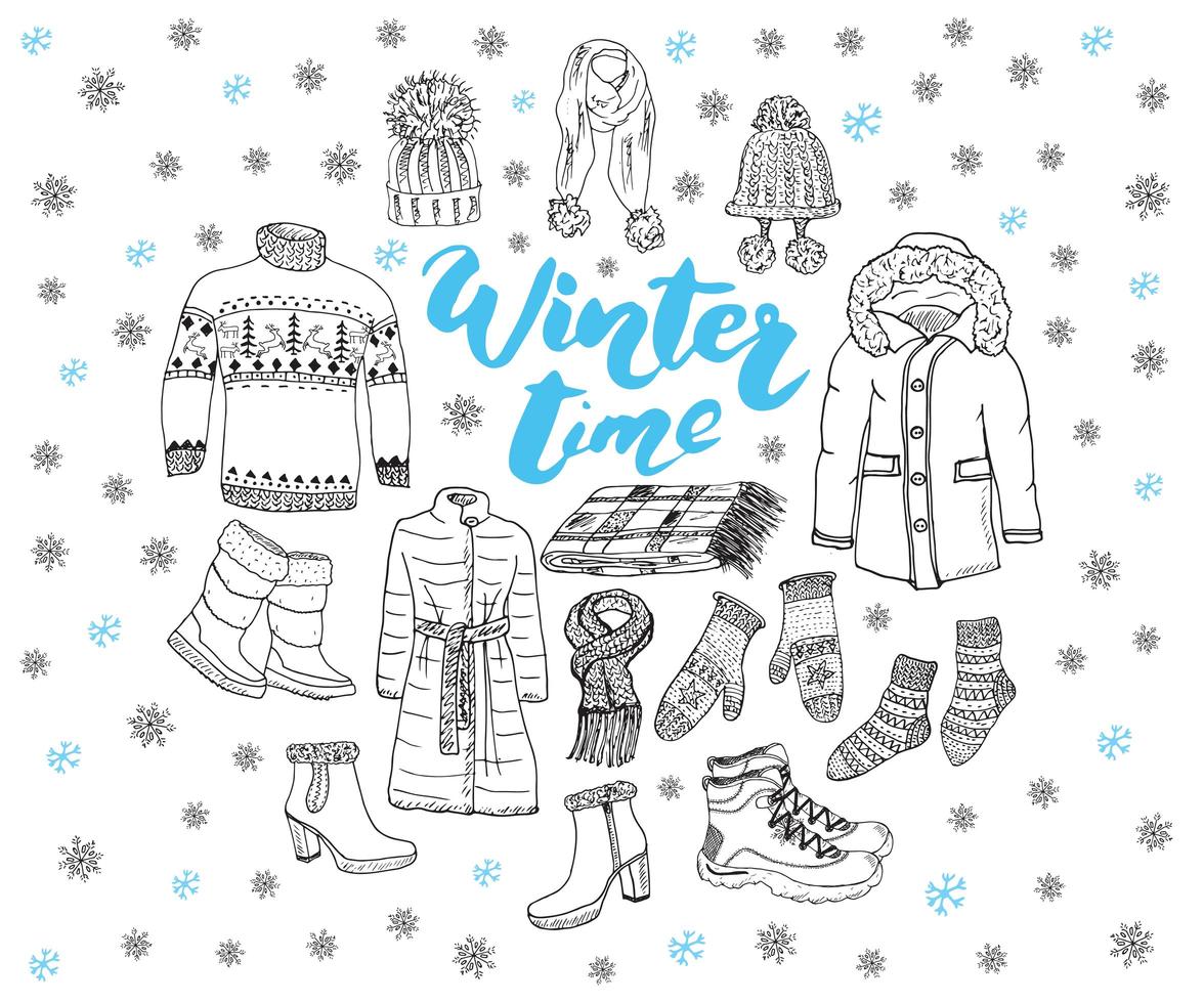 stagione invernale imposta doodle elementi disegnati a mano raccolta schizzo illustrazione vettoriale
