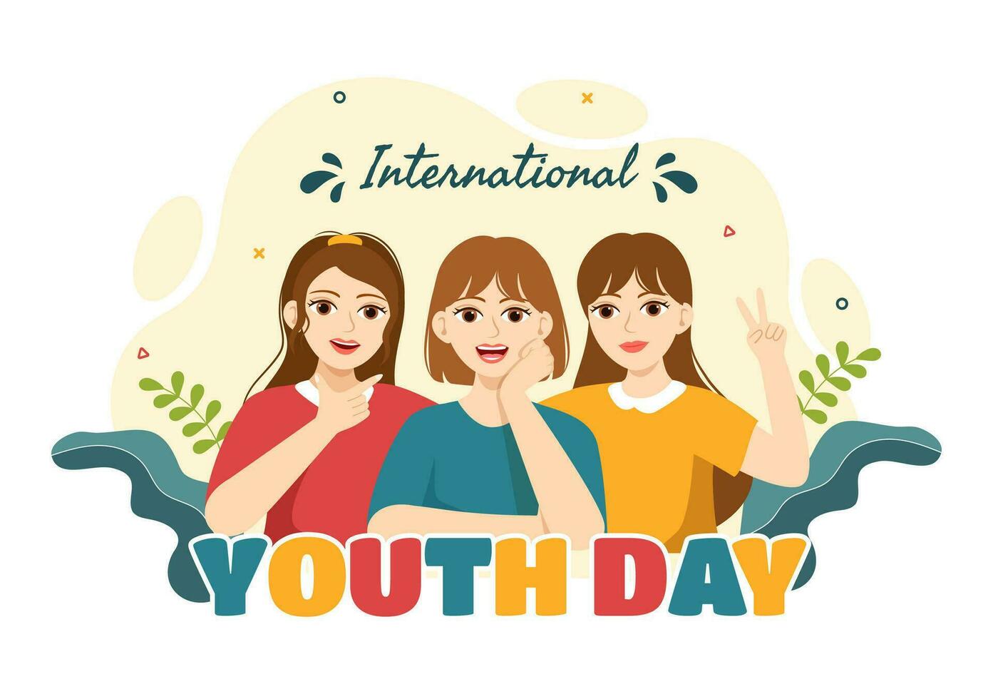 contento internazionale gioventù giorno vettore illustrazione con giovane ragazzi e ragazze solidarieta nel piatto cartone animato mano disegnato carino sfondo modelli