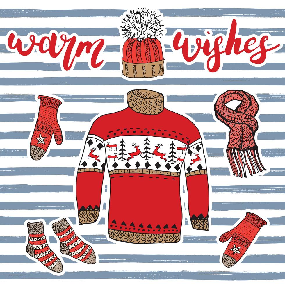 stagione invernale imposta elementi doodle raccolta schizzo disegnato a mano con vestiti caldi calzini guanti maglione e cappello scritte auguri illustrazione vettoriale