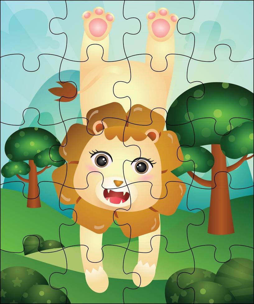 illustrazione di gioco di puzzle per bambini con leone carino vettore