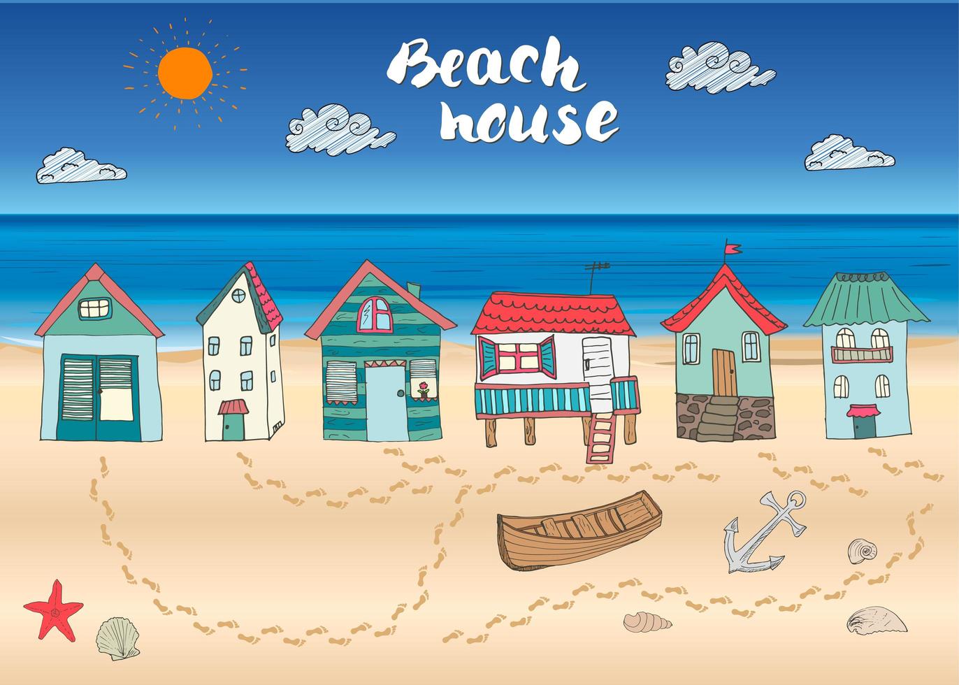 capanne sulla spiaggia e bungalow disegnati a mano contorno colore doodle impostato con casa leggera barca di legno e ancora conchiglie e orme sulla spiaggia sabbiosa illustrazione vettoriale