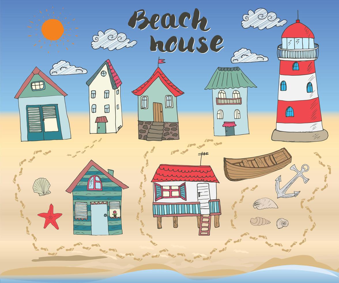 capanne sulla spiaggia e bungalow disegnati a mano contorno colore doodle impostato con casa leggera barca di legno e ancora conchiglie e orme sulla spiaggia sabbiosa illustrazione vettoriale