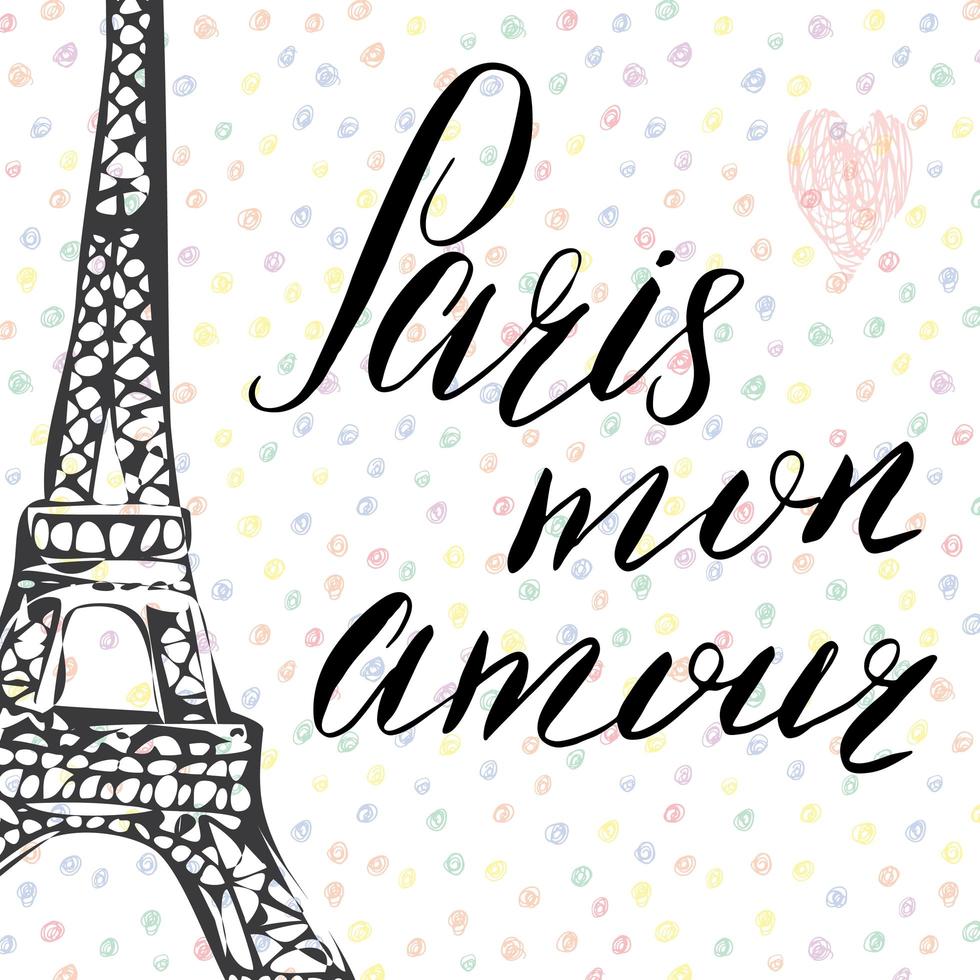 Parigi il mio amore lettering segno parole francesi con schizzo disegnato a mano Torre Eiffel su sfondo astratto illustrazione vettoriale