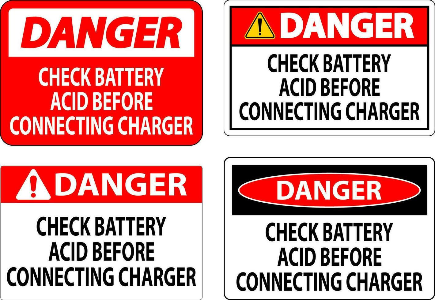 Pericolo cartello dai un'occhiata batteria acido prima collegamento caricabatterie vettore