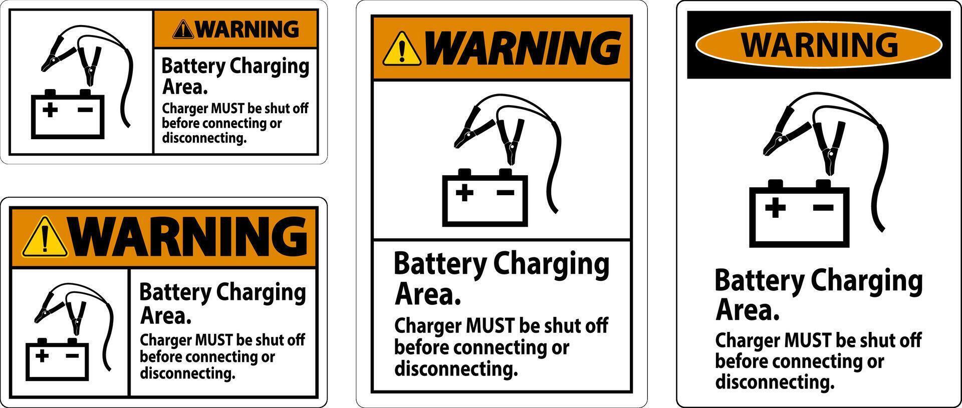 avvertimento cartello batteria ricarica la zona, caricabatterie dovere essere chiuso via prima collegamento o disconnettersi vettore