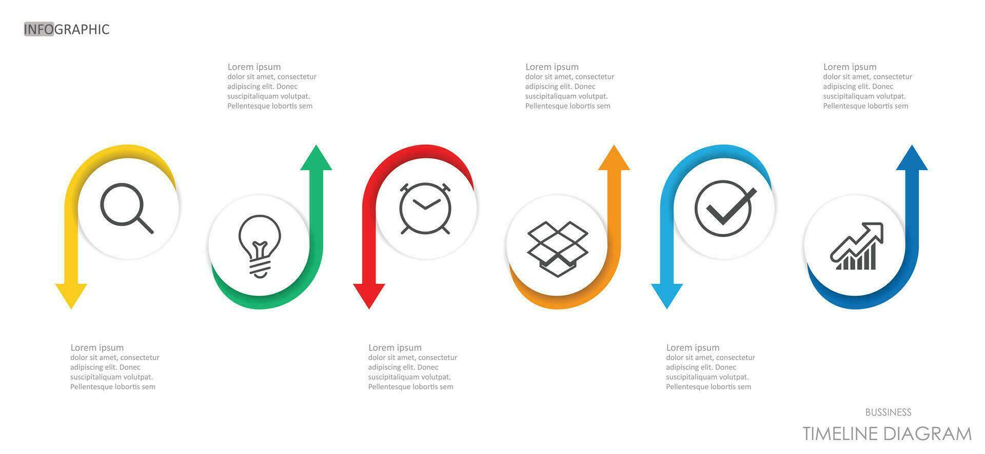 attività commerciale progetto cerchio freccia su giù sequenza temporale diagramma Infografica tabella di marcia modello per attività commerciale. 6 passo moderno sequenza temporale grafici progettista diagramma calendario con presentazione vettore infografica.