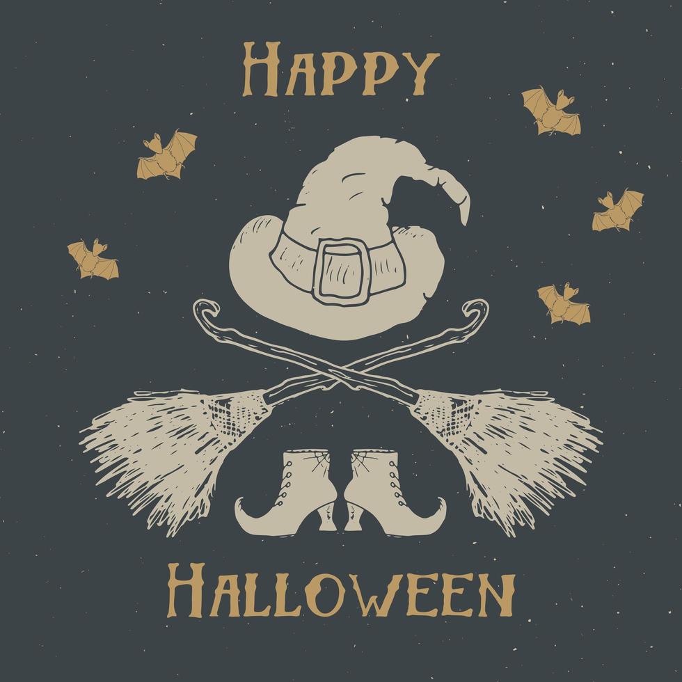 etichetta vintage cartolina d'auguri di Halloween, oggetti di strega schizzo disegnato a mano, distintivo retrò con texture grunge, stampa t-shirt design tipografia, illustrazione vettoriale