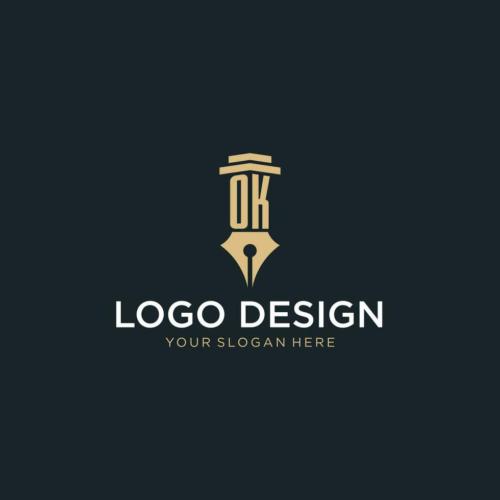 ok monogramma iniziale logo con Fontana penna e pilastro stile vettore