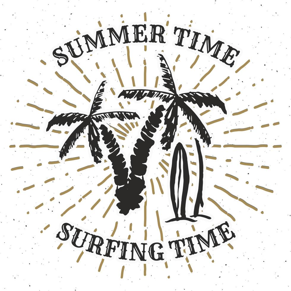 etichetta vintage grunge strutturato disegnato a mano, distintivo retrò o design tipografia t-shirt con illustrazione vettoriale palma e tavole da surf