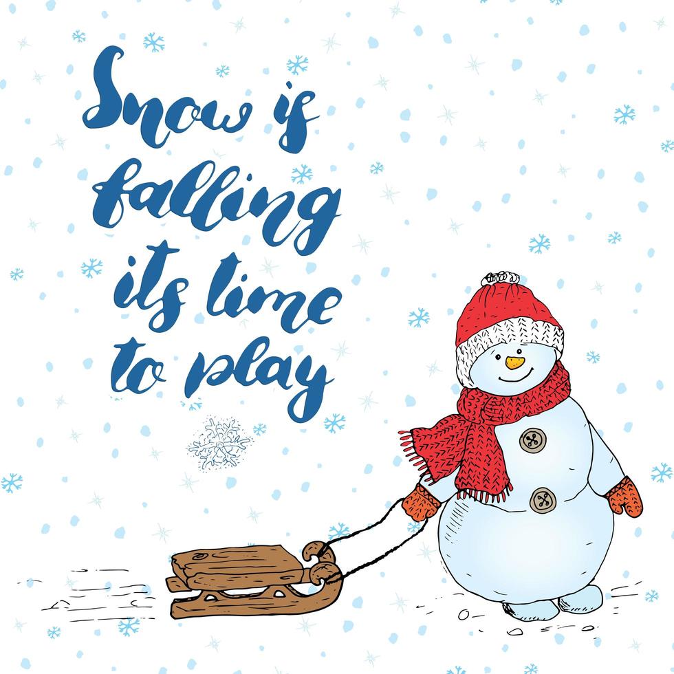 citazione scritta di stagione invernale sulla neve. segno di calligrafia manoscritta. illustrazione vettoriale disegnato a mano con pupazzo di neve, isolato su bianco.