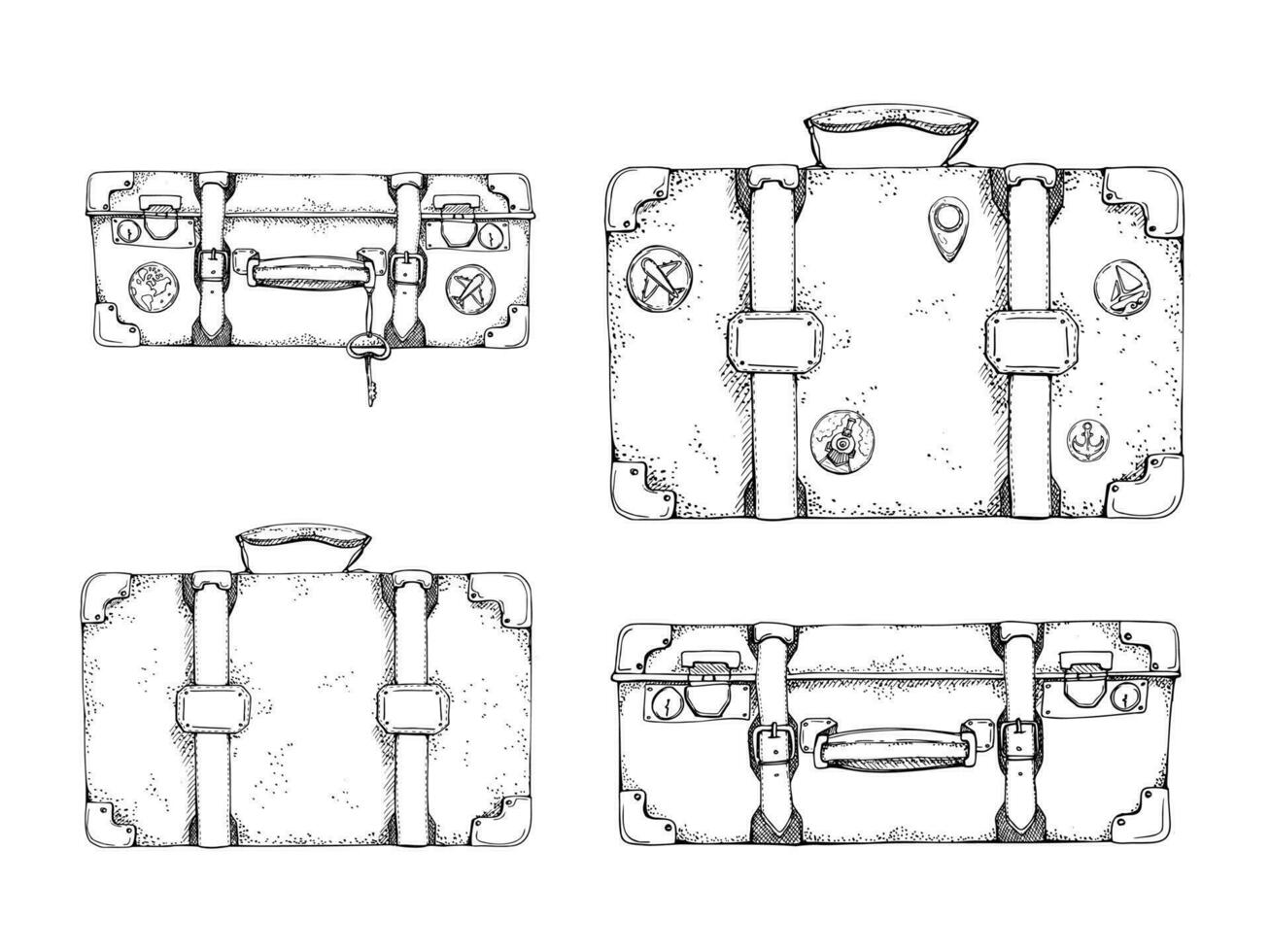 inchiostro mano disegnato vettore schizzo. illustrazione con impostato di retrò Vintage ▾ vecchio valigie bagaglio Bagaglio con adesivi e chiave. design per turismo, viaggiare, opuscolo, nozze, guida, Stampa, carta, tatuaggio.