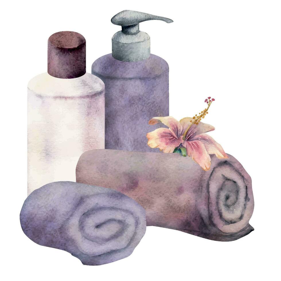 mano disegnato acquerello terme cura della pelle asciugamani bagno bellezza prodotti pacchetto. orizzontale composizione. isolato su bianca sfondo. design per parete arte, benessere ricorrere, Stampa, tessuto, coperchio, carta, opuscolo. vettore