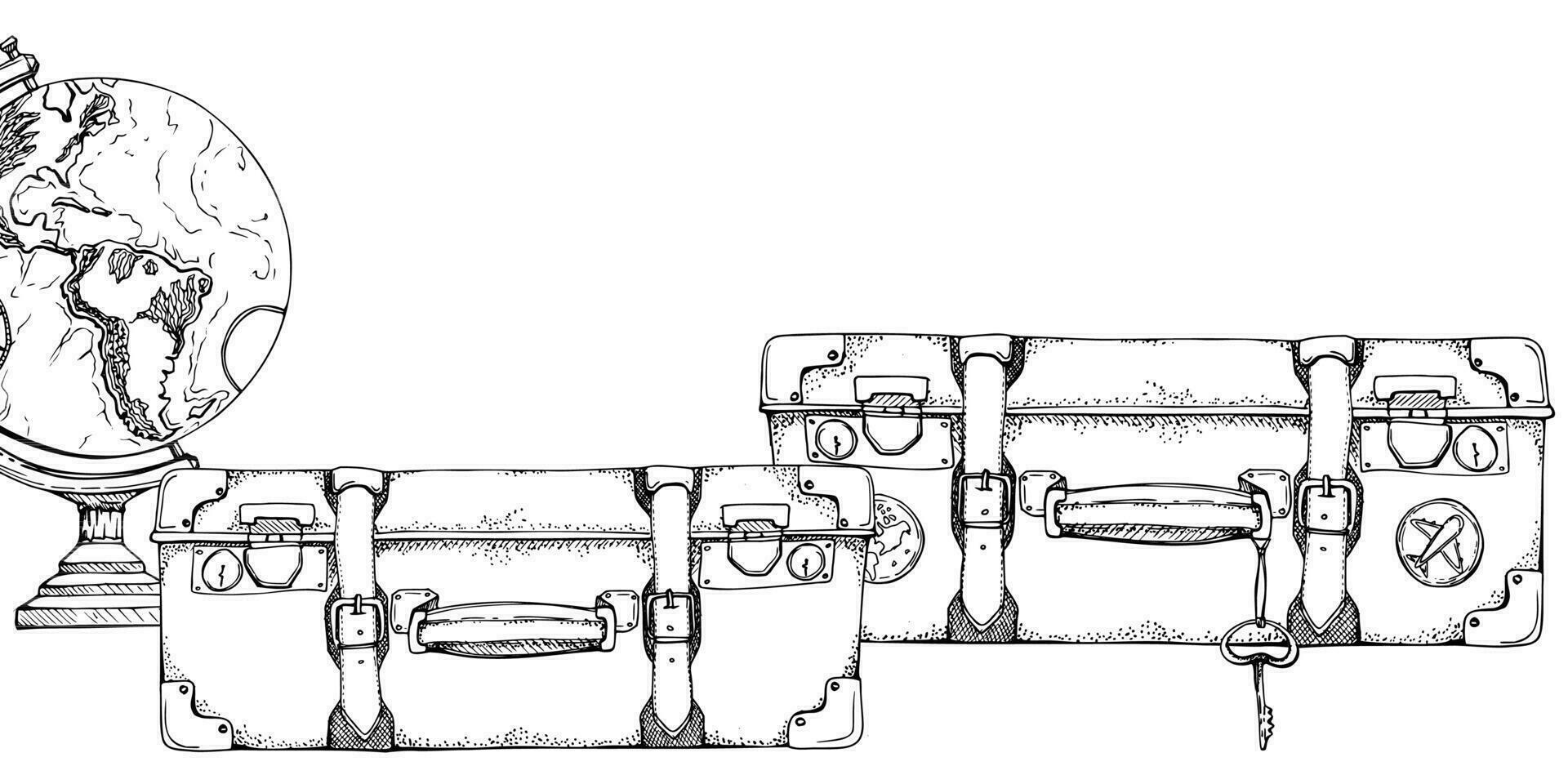 inchiostro mano disegnato vettore schizzo. illustrazione con impostato di retrò Vintage ▾ vecchio valigie con adesivi bagaglio Bagaglio e globo. design per turismo, viaggiare, opuscolo, nozze, guida, Stampa, carta tatuaggio.