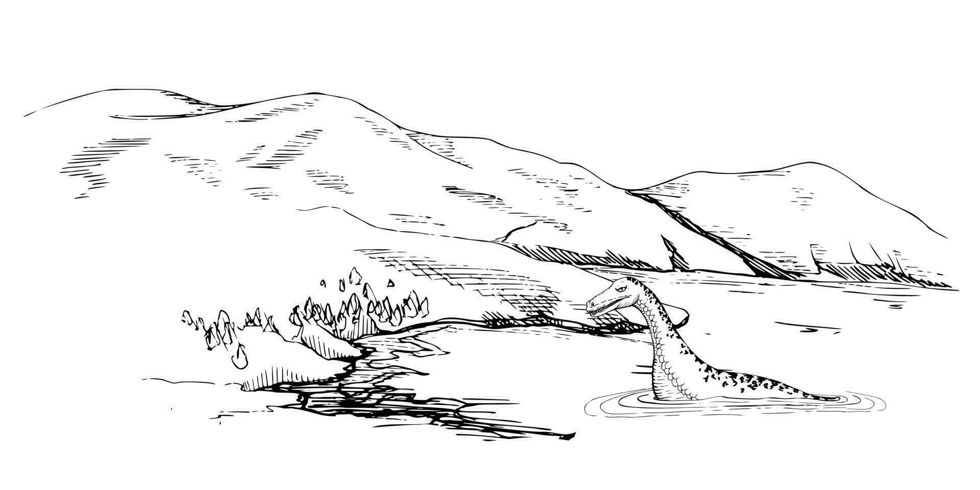 inchiostro mano disegnato schizzo vettore illustrazione. paesaggio scenario di Highlands campagna natura. colline, lago, mostro. orizzontale bandiera composizione. design per viaggiare, turismo, opuscolo, Stampa, parete arte