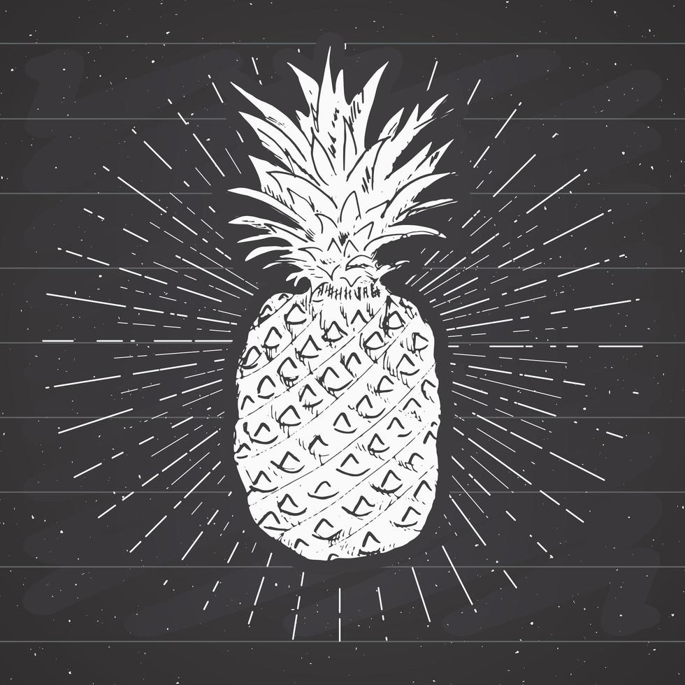 etichetta vintage, ananas disegnato a mano, modello di distintivo retrò con texture grunge, illustrazione di vettore di disegno di tipografia su priorità bassa della lavagna