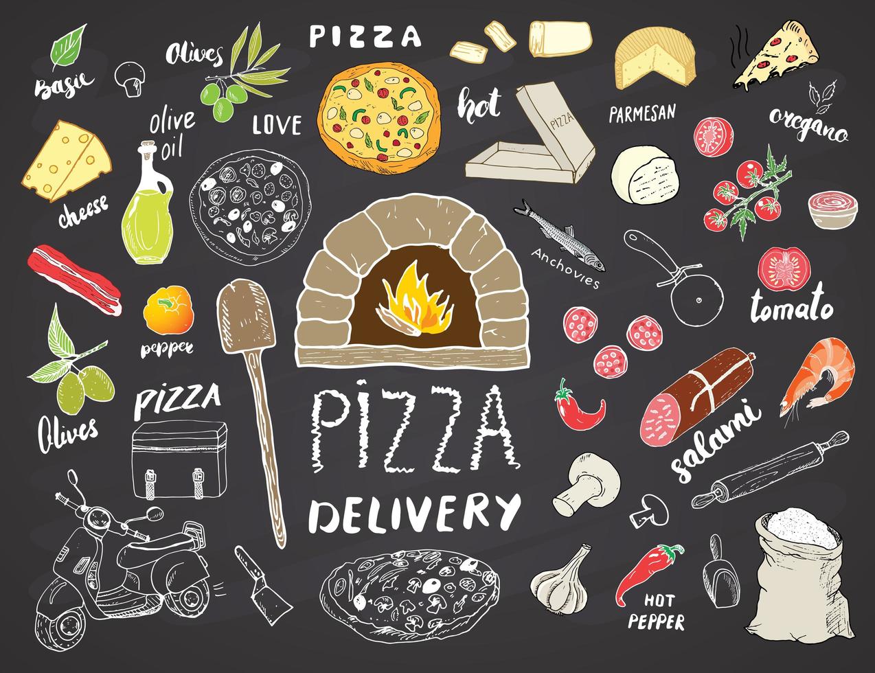 insieme di schizzo disegnato a mano del menu della pizza. scarabocchi di preparazione e consegna della pizza con farina e altri ingredienti alimentari, utensili da forno e da cucina, scooter, modello di progettazione di scatole per pizza. illustrazione vettoriale