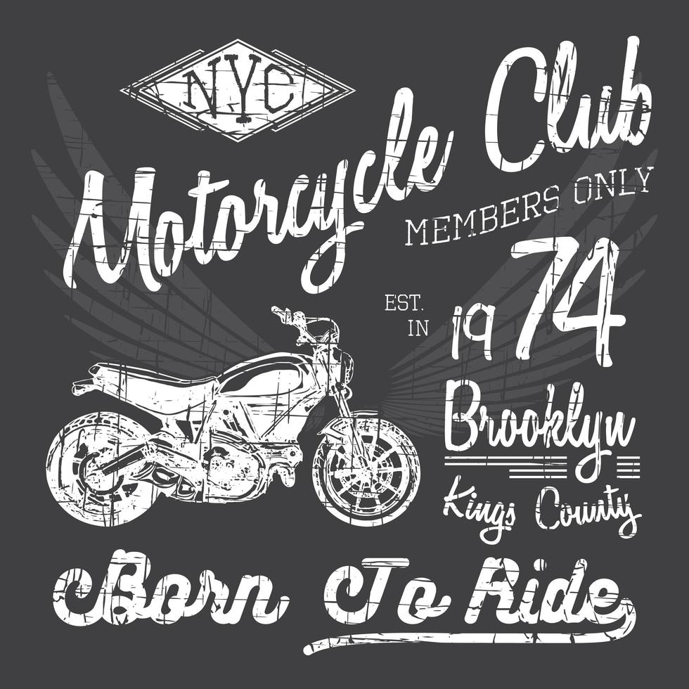 design tipografico di t-shirt, vettore di motocicletta, grafica di stampa nyc, illustrazione vettoriale tipografica, design grafico di new york riders per stampa di etichette o t-shirt, badge, applique