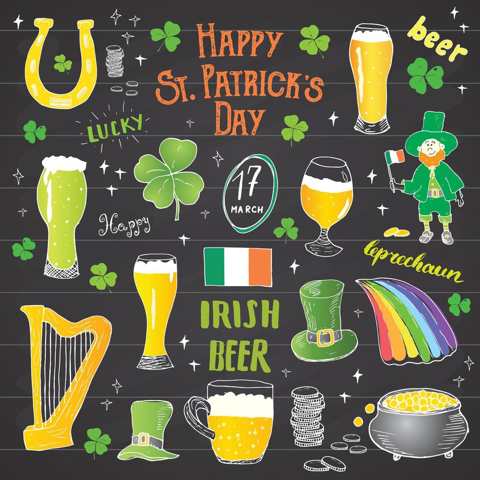 set di doodle disegnato a mano del giorno di San Patrizio, con leprechaun, pentola di monete d'oro, arcobaleno, birra, quadrifoglio, ferro di cavallo, arpa celtica e bandiera dell'irlanda illustrazione vettoriale su sfondo lavagna