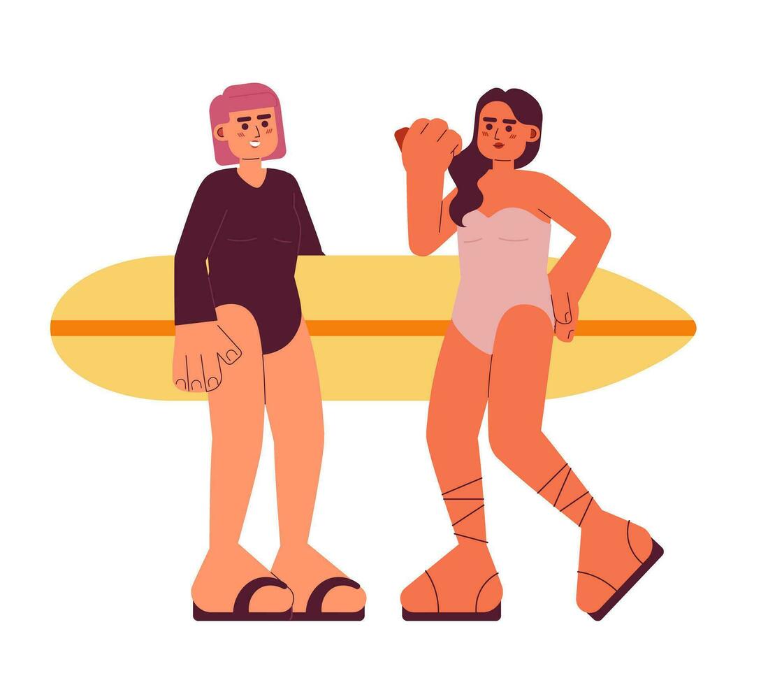 giovane surfer ragazze con tavola da surf su spiaggia piatto vettore individuare illustrazione. amiche divertimento 2d cartone animato personaggi su bianca per ragnatela ui design. estate vacanza isolato modificabile creativo eroe Immagine