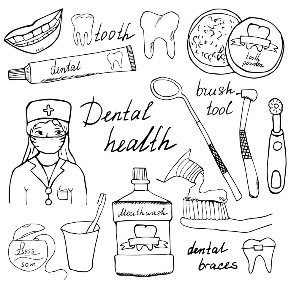 set di icone di scarabocchi di salute dentale. schizzo disegnato a mano con i denti, dentifricio spazzolino da denti dentista collutorio e filo interdentale. illustrazione vettoriale isolato