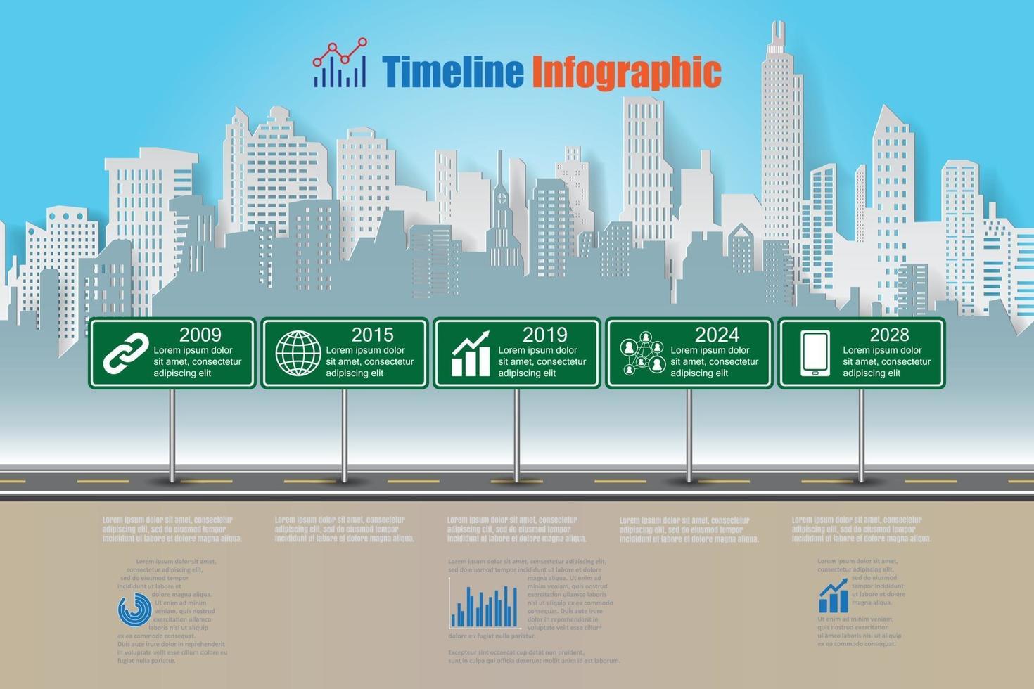 business roadmap timeline infografica città con cartello stradale progettato. elemento cardine modello, processo diagramma moderno, grafico di presentazione dei dati di marketing digitale della tecnologia vettore