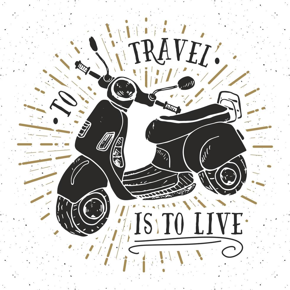 etichetta vintage moto scooter, schizzo disegnato a mano, distintivo retrò con texture grunge, stampa t-shirt design tipografia, illustrazione vettoriale
