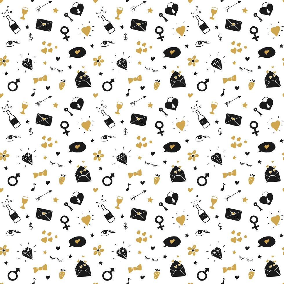 amore e San Valentino seamless pattern illustrazione vettoriale. fondo romantico di simboli di scarabocchio abbozzato disegnato a mano vettore