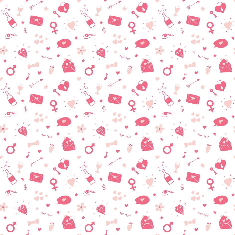 amore e San Valentino seamless pattern illustrazione vettoriale. fondo romantico di simboli di scarabocchio abbozzato disegnato a mano vettore