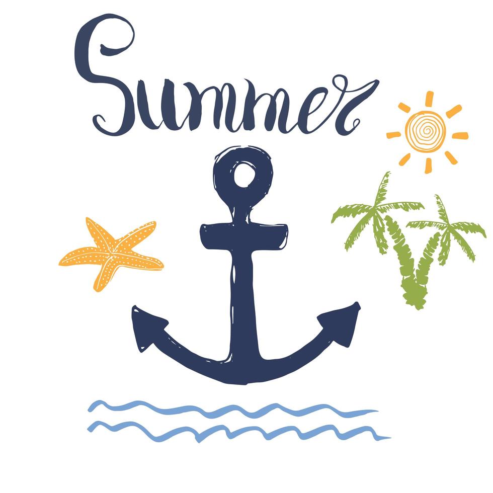 illustrazione vettoriale di estate, ancoraggio, palme e scritte isolate.