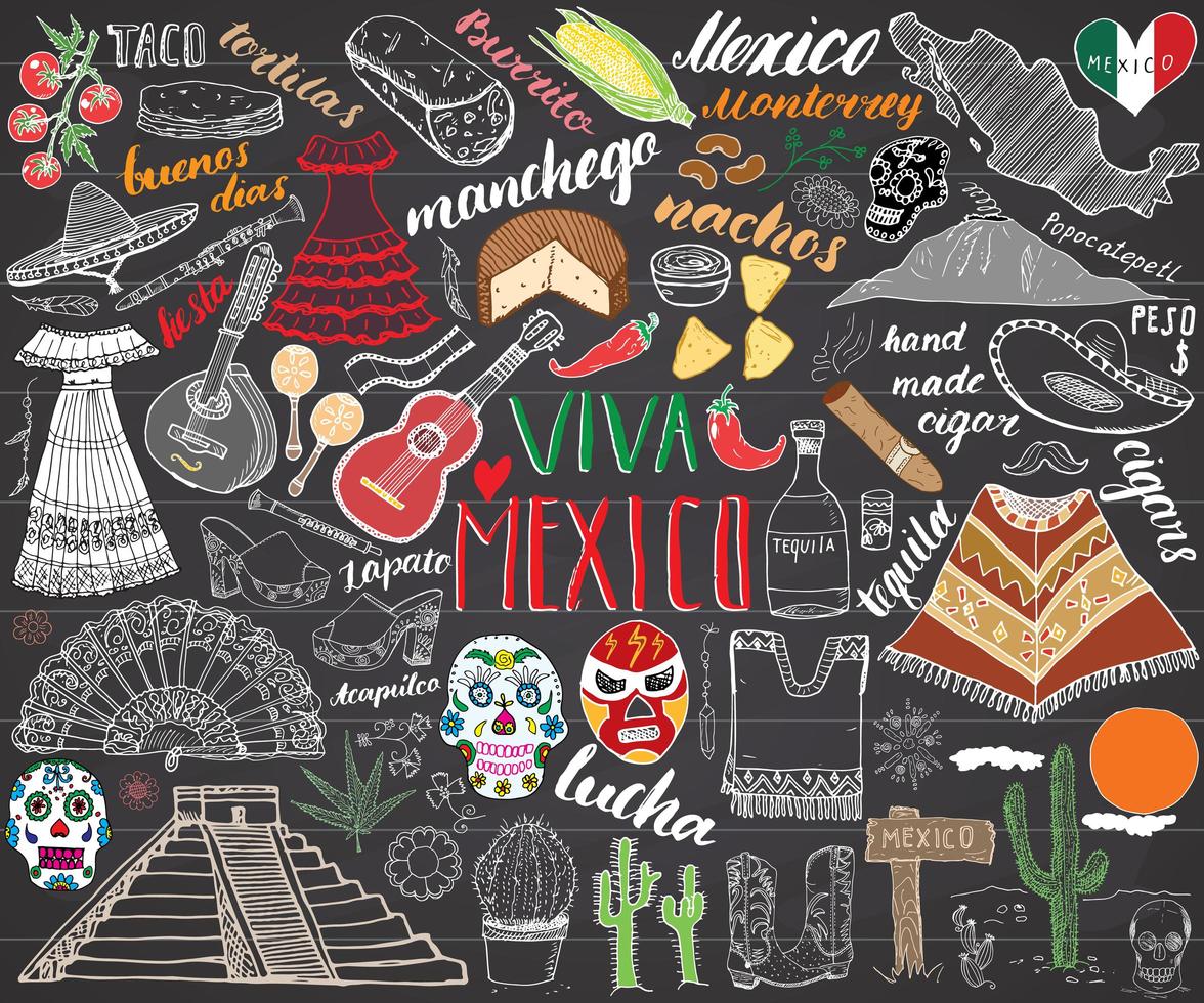 Messico schizzo disegnato a mano imposta illustrazione vettoriale lavagna
