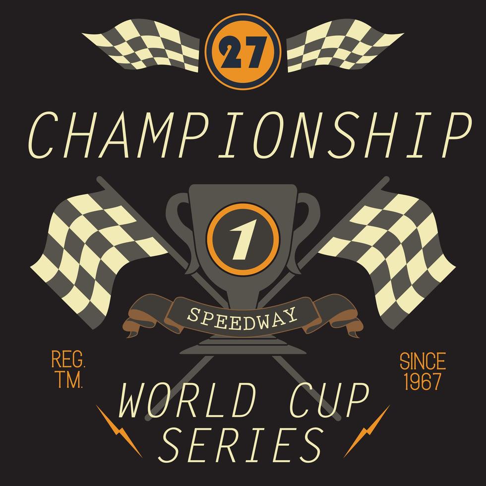 design di stampa di t-shirt, grafica tipografica, etichetta applique distintivo dell'illustrazione di vettore della serie della tazza di parola del campionato di speedway