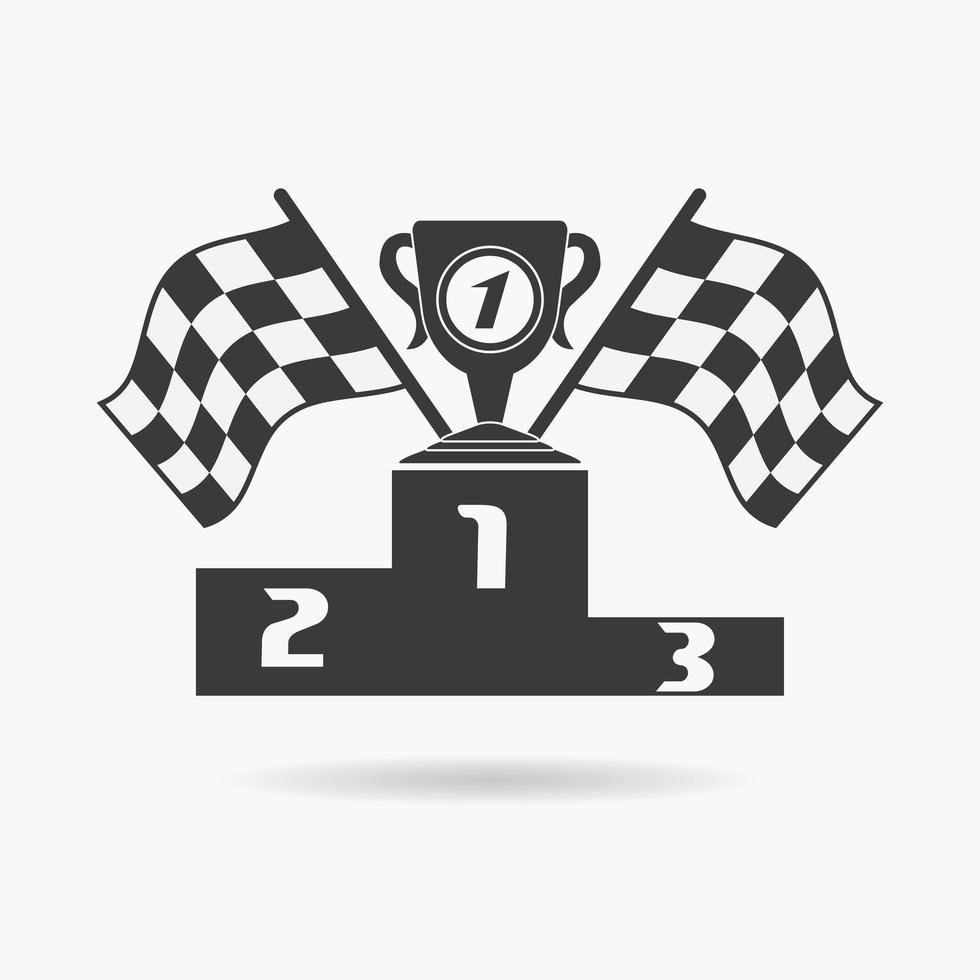 icona della bandiera. bandiere a scacchi o da corsa primo posto premio coppa e podio dei vincitori. auto sportiva, velocità e successo, competizione e vincitore, rally, illustrazione vettoriale