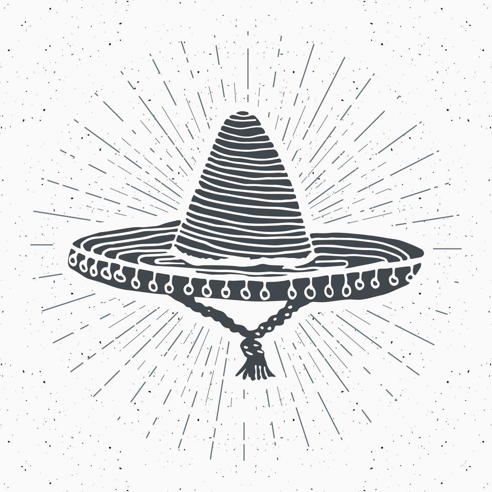 etichetta vintage, schizzo di cappello tradizionale messicano sombrero disegnato a mano, distintivo retrò con texture grunge, design emblema, stampa t-shirt tipografica, illustrazione vettoriale
