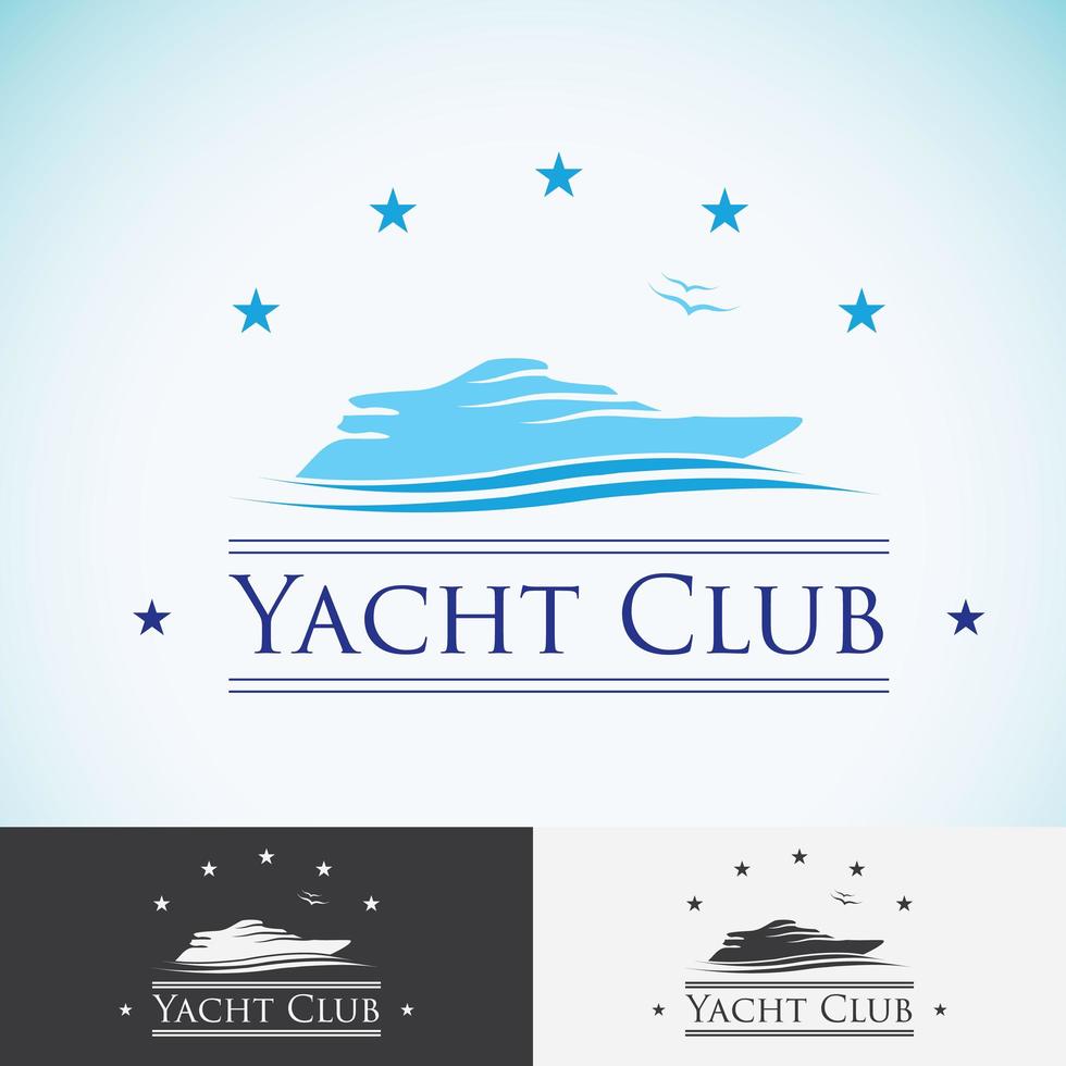 yacht club, modello di progettazione del logo. crociera sul mare, isola tropicale o icona del logotipo di vacanza vettore