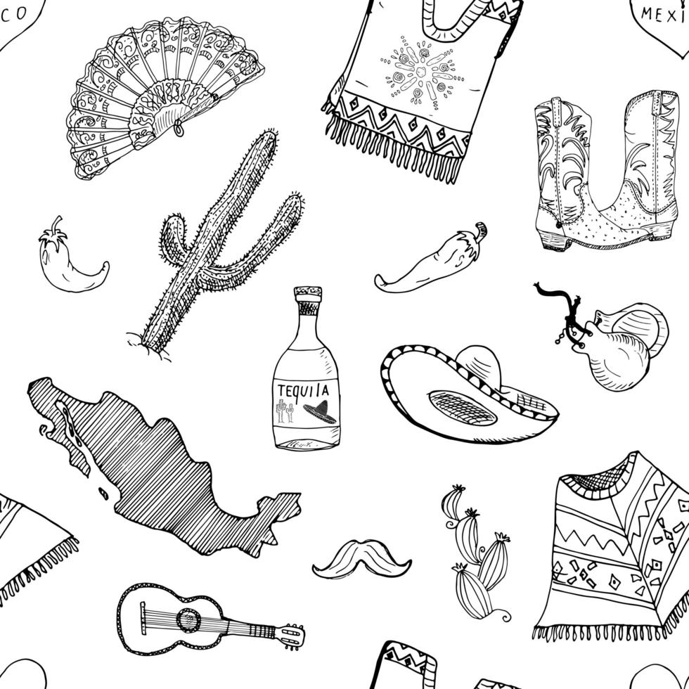 messico seamless pattern doodle elementi, schizzo disegnato a mano cappello sombrero tradizionale messicano, stivali, poncho, cactus e bottiglia di tequila, mappa del messico, strumenti musicali. sfondo di illustrazione vettoriale