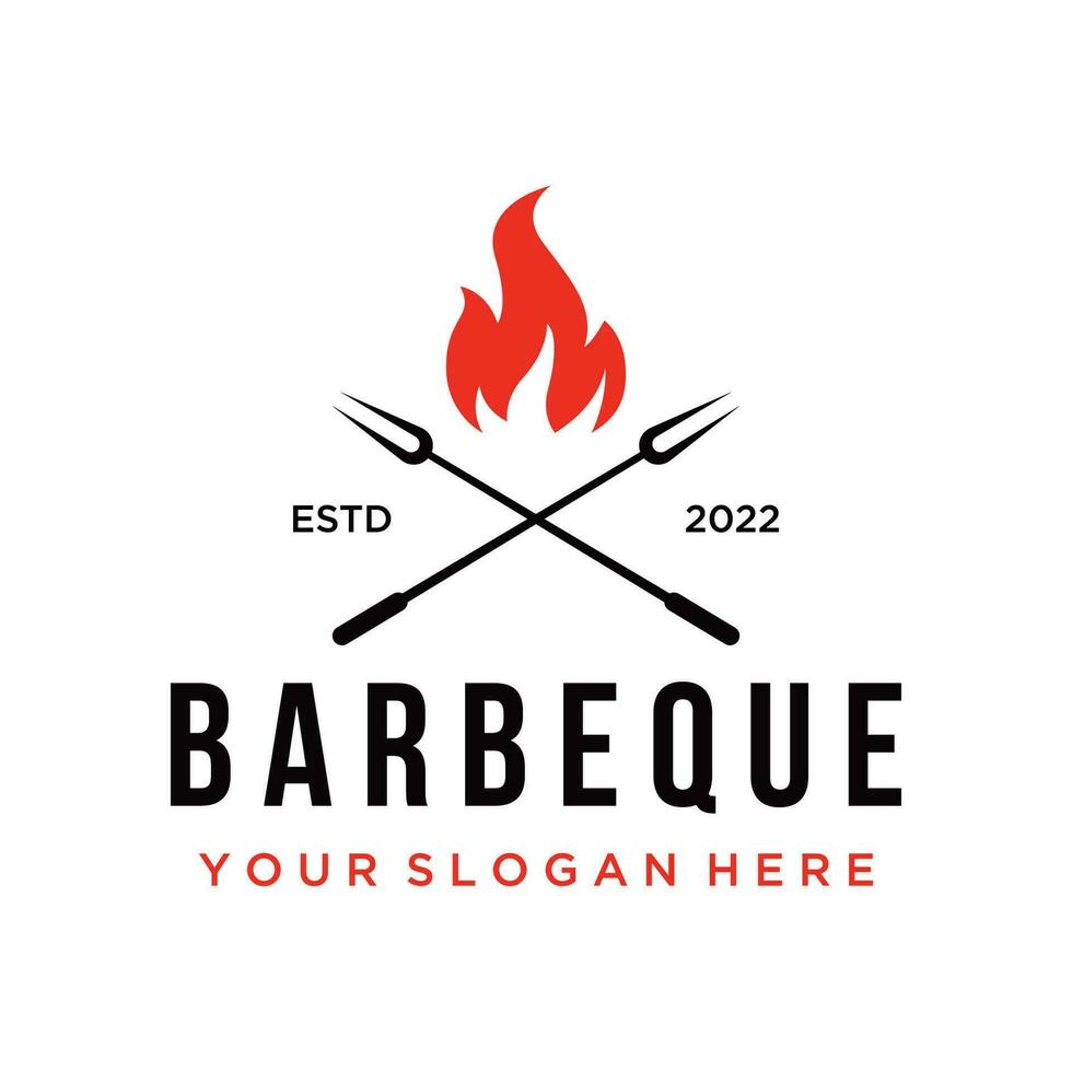 bbq caldo griglia Vintage ▾ tipografia logo modello design con attraversato fiamme e spatola. logo per ristorante, distintivo, bar e sbarra. vettore