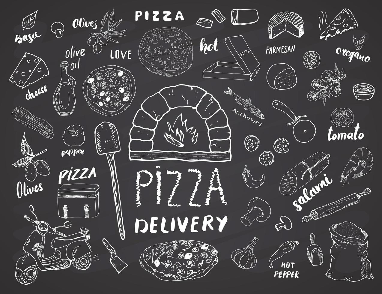 insieme di schizzo disegnato a mano del menu della pizza. scarabocchi di preparazione e consegna della pizza con farina e altri ingredienti alimentari, utensili da forno e da cucina, scooter, modello di progettazione di scatole per pizza. illustrazione vettoriale