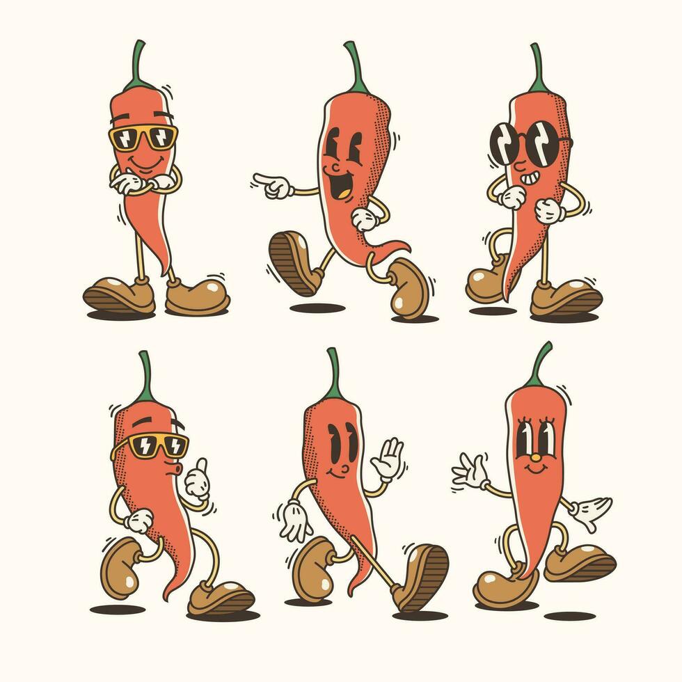 impostato di tradizionale chili Pepe cartone animato illustrazioni con varia pose e espressioni vettore