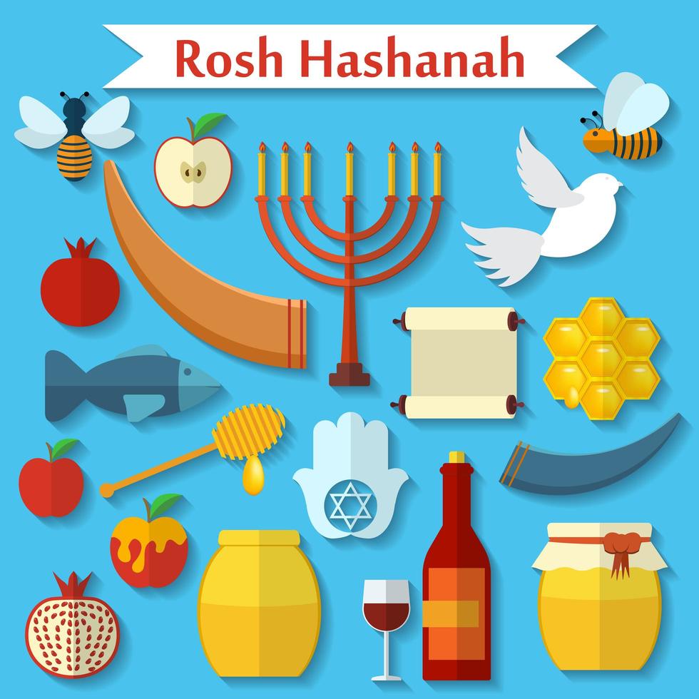 rosh hashanah, set di icone vettoriali piatte shana tova