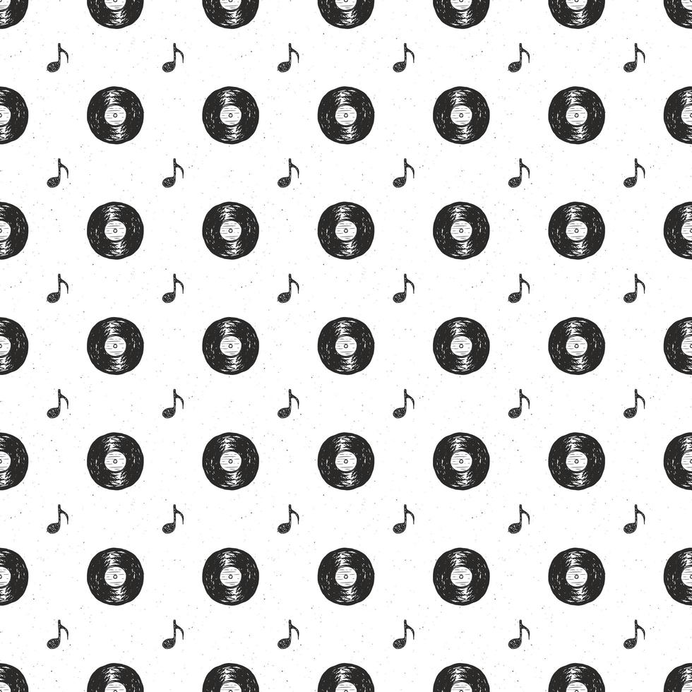 record di vinile vintage seamless pattern disegnati a mano etichetta schizzo, grunge texture retrò distintivo, stampa t-shirt design tipografia, illustrazione vettoriale