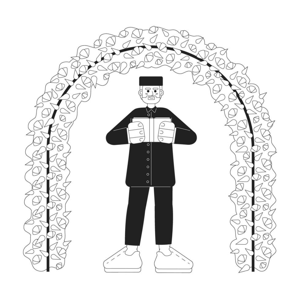 nikah cerimonia officiante monocromatico concetto vettore individuare illustrazione. imam musulmano uomo 2d piatto bw cartone animato personaggio per ragnatela ui design. nozze cerimonia capo isolato modificabile mano disegnato eroe Immagine