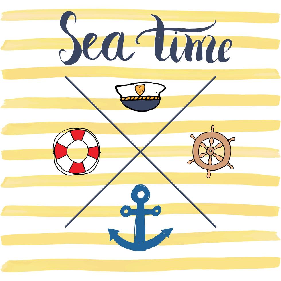 illustrazione vettoriale estivo, ancoraggio, oggetti della marina e scritte.