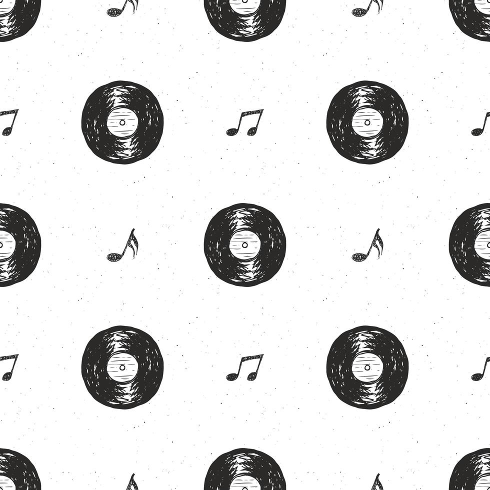 record di vinile vintage seamless pattern disegnati a mano etichetta schizzo, grunge texture retrò distintivo, stampa t-shirt design tipografia, illustrazione vettoriale