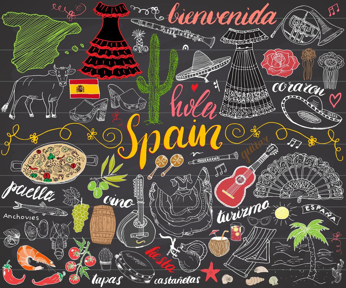 Spagna schizzo disegnato a mano imposta illustrazione vettoriale lavagna
